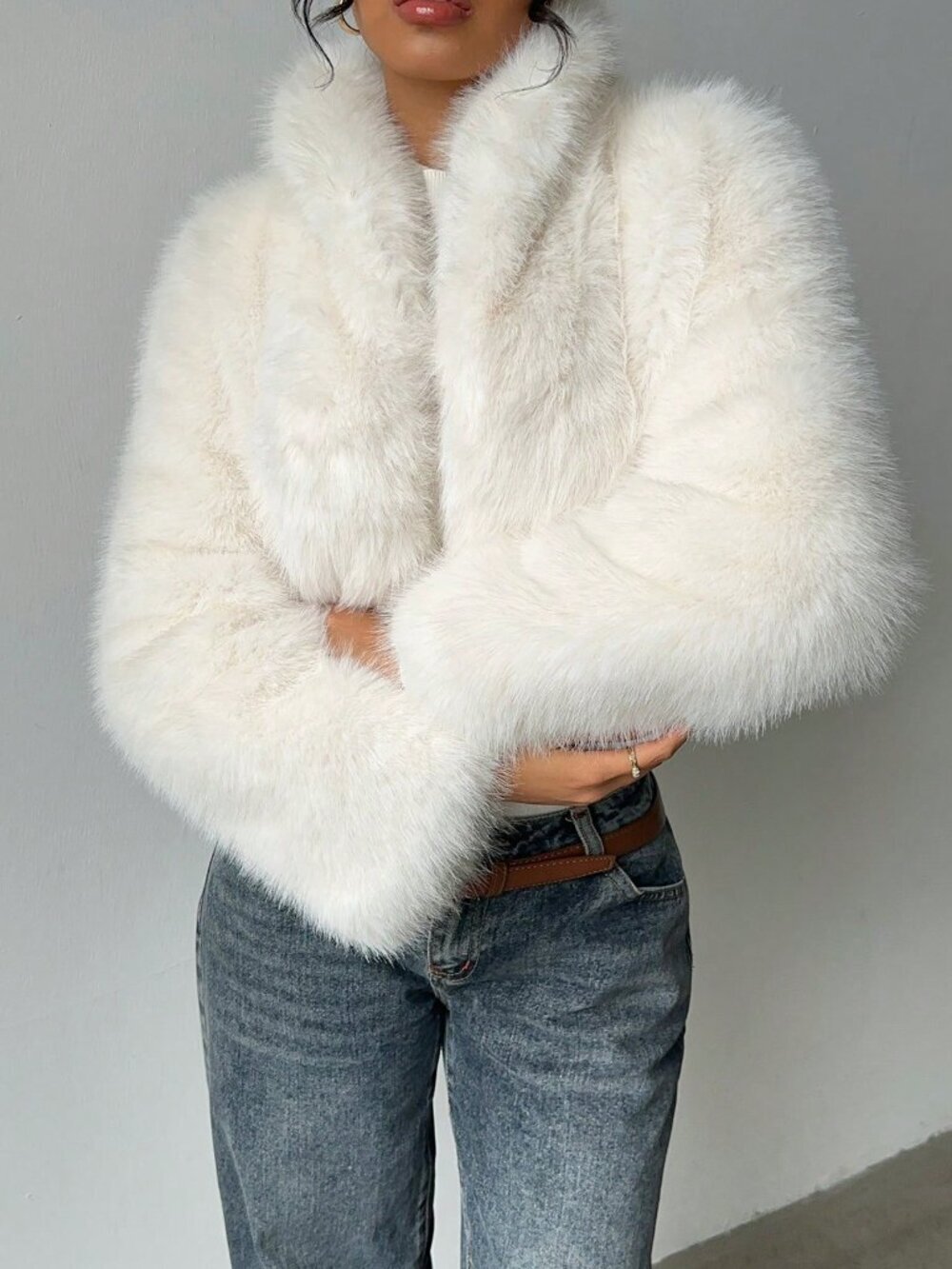 White Casual Women's Luxury Elegant Faux Fur Lined Jacket